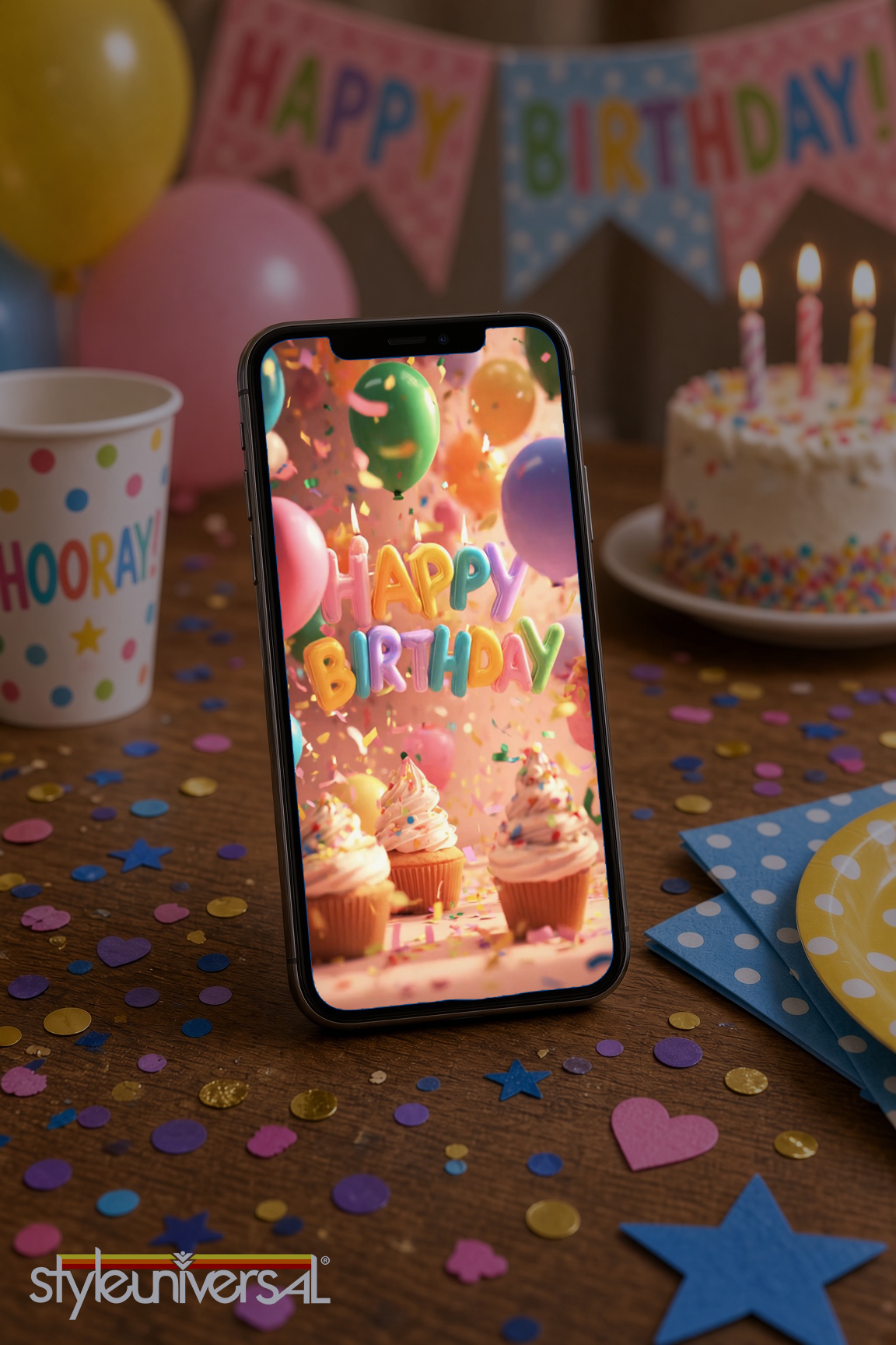 Happy Birthday Cupcakes and Balloons Digital Greeting card
